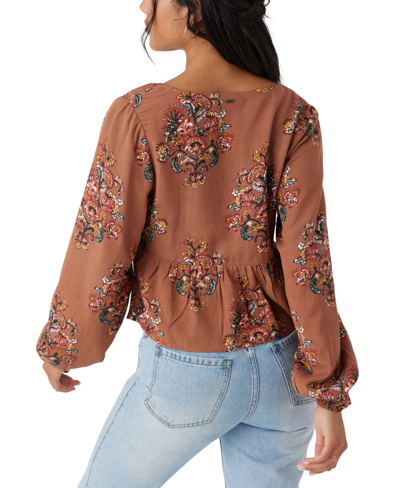 Shop O'neill Juniors' Martheya Floral V-neck Long-sleeve Top In Tobacco