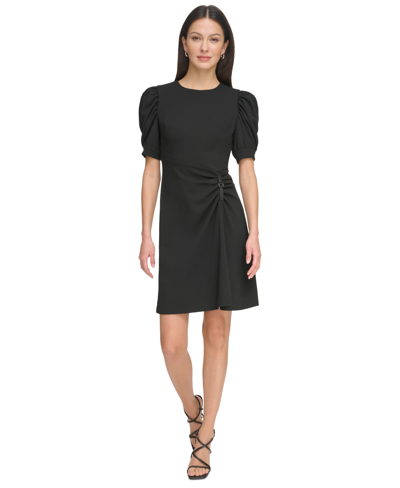Shop Dkny Women's Puff-sleeve Ruched Dress In Black