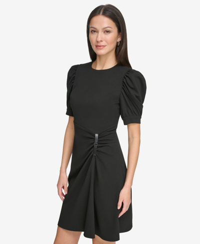 Shop Dkny Women's Puff-sleeve Ruched Dress In Black