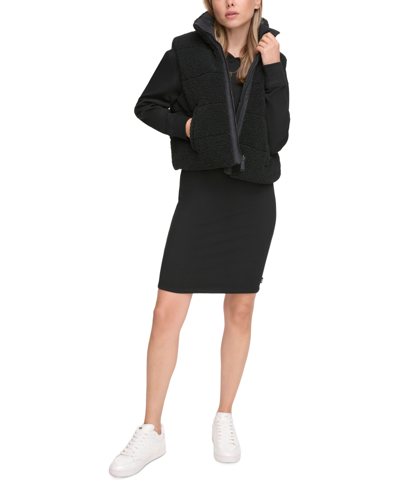Shop Dkny Sport Women's Cropped Reversible Sherpa Vest In Black