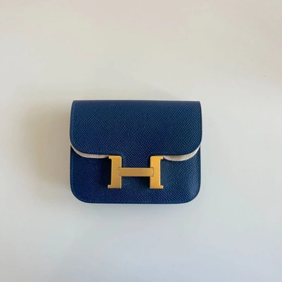 Pre-owned Hermes Hermès Constance Slim Wallet In Navy Epsom Leather & Gold Hardware