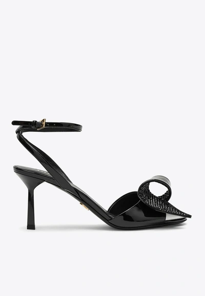 Shop Prada 75 Crystal-embellished Sandals In Patent Leather In Black