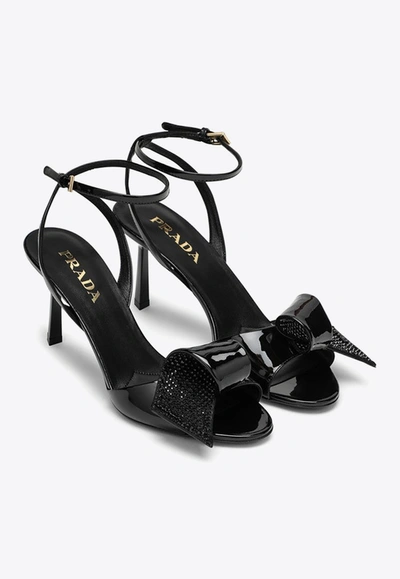 Shop Prada 75 Crystal-embellished Sandals In Patent Leather In Black