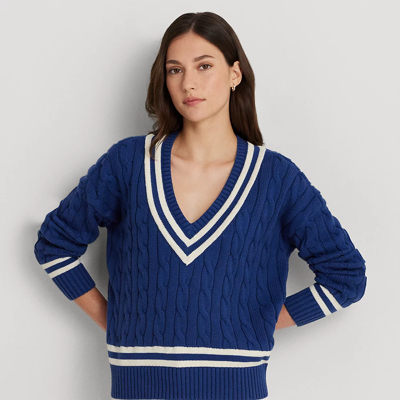 Shop Lauren Petite Cable-knit Cricket Sweater In Indigo Sail/cream