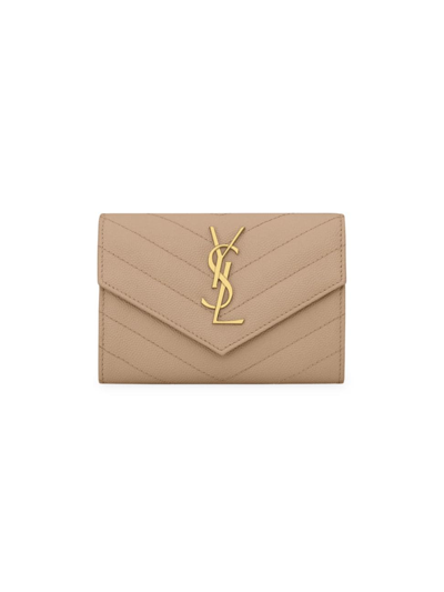 Shop Saint Laurent Women's Cassandre Matelass Small Envelope Wallet In Grain De Poudre Embossed Leather In Dark Beige