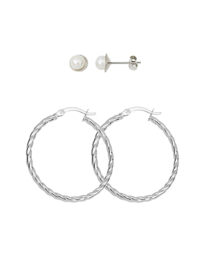 Max + Stone Sterling Silver 5mm Pearl And Twisted Hoop Earrings Set