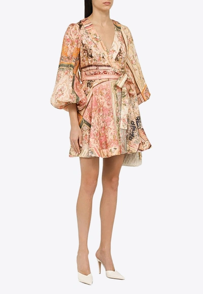 Shop Zimmermann August Wrap Mini Dress In Linen In Multicolor