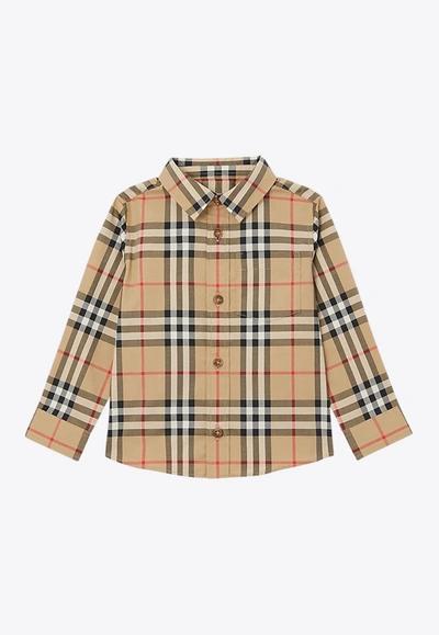 Shop Burberry Babies Vintage Check Long-sleeved Shirt In Beige