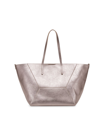 Shop Brunello Cucinelli Women's Lamé Calfskin Shopper Bag With Monili In Pearl
