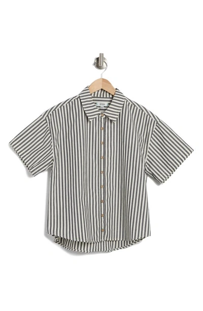 Shop Kensie Collared Boxy Button-up Top In Black/ White Stripe
