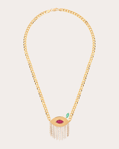 Shop Carolina Neves Women's Ruby & Emerald Evil Eye Fringe Pendant Necklace In Gold