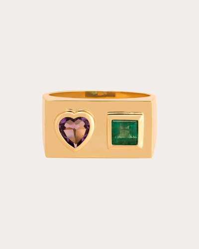 Shop Carolina Neves Women's Amethyst & Emerald Flat Band Ring In Gold