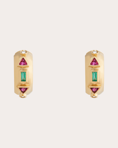 Shop Carolina Neves Women's Pink Tourmaline & Emerald Huggie Earrings In Gold