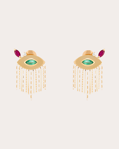Shop Carolina Neves Women's Emerald & Ruby Evil Eye Fringe Stud Earrings In Gold