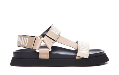Shop Moschino Platform Sandals Logo Tape In Beige