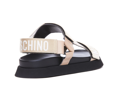 Shop Moschino Platform Sandals Logo Tape In Beige