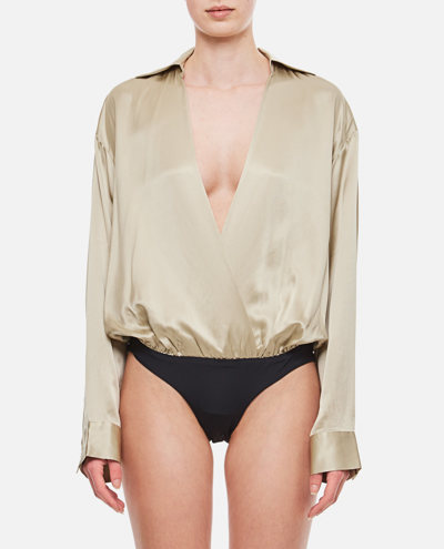 Shop Christopher Esber Silk Satin Shirt Bodysuit In Golden