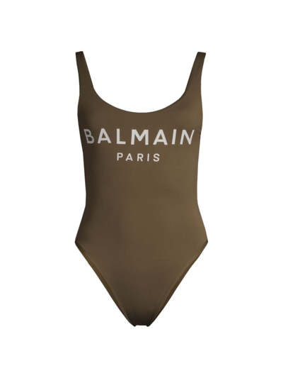 Shop Balmain Women's Logo One-piece Swimsuit In Khaki White