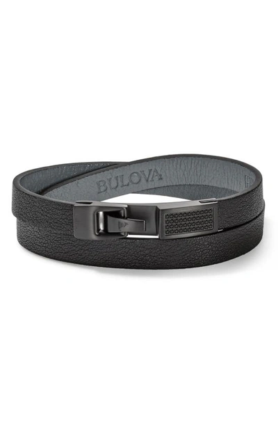 Shop Bulova Stainless Steel Leather Bracelet In Black