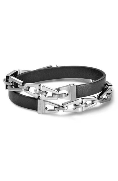 Shop Bulova Stainless Steel & Leather Wrap Bracelet In Black