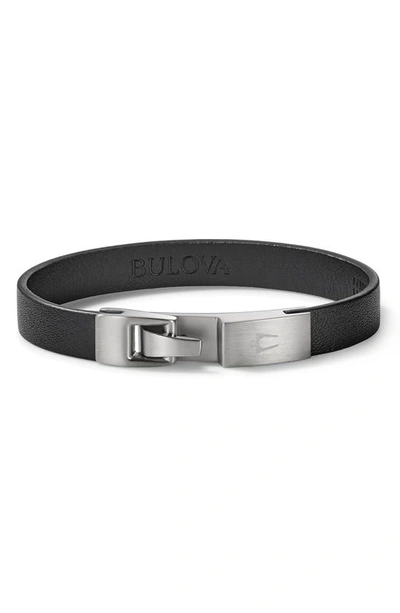 Shop Bulova Classic Leather & Stainless Steel Bracelet In Black