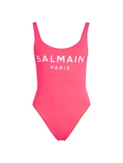 Shop Balmain Women's Logo One-piece Swimsuit In Pink White