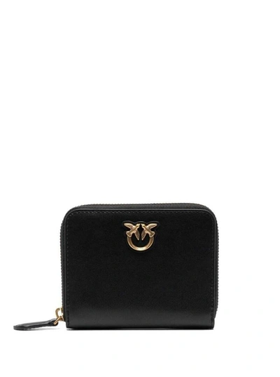 Shop Pinko Black Zip-around Wallet With Love Birds Detail In Leather Woman