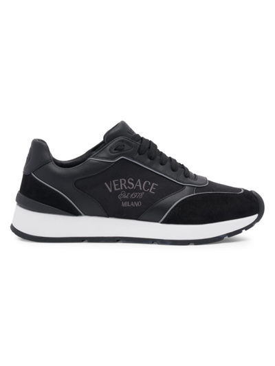 Shop Versace Men's Logo Low-top Leather Sneakers In Black