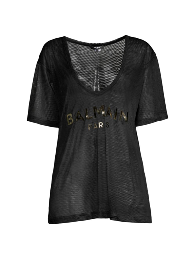 Shop Balmain Women's Logo Mesh T-shirt In Black Gold