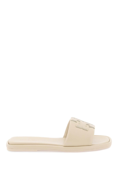 Shop Tory Burch Double T Leather Slides In Beige