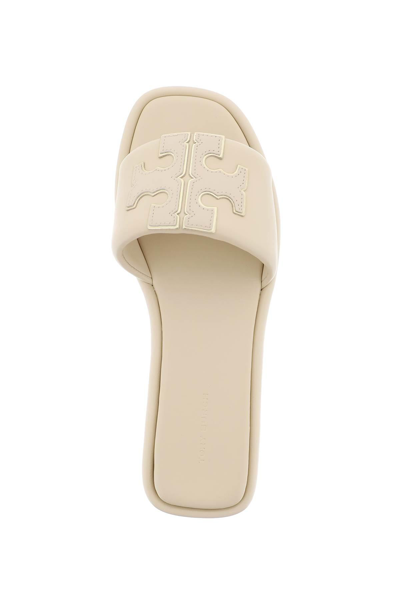 Shop Tory Burch Double T Leather Slides In Beige