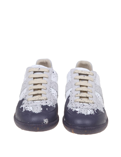 Shop Maison Margiela Leather Sneakers With Paint Detail In White/grey