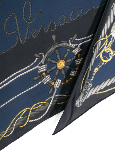 Shop Versace Triangle Foulard 130x60 Side 90 Nautical Print Bio Silk Twill Accessory In Blue Gold