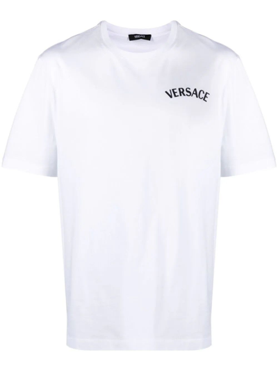 Shop Versace T-shirt Jersey Fabric Embroidery Milano Stamp Print In White