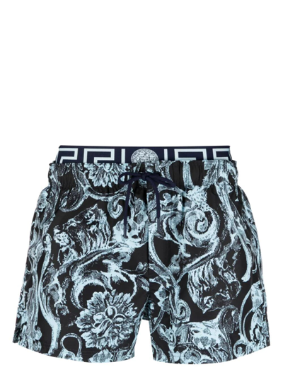 Shop Versace Swim Shorts Nylon Golfo Barocco Menta In Navy Pale Blue