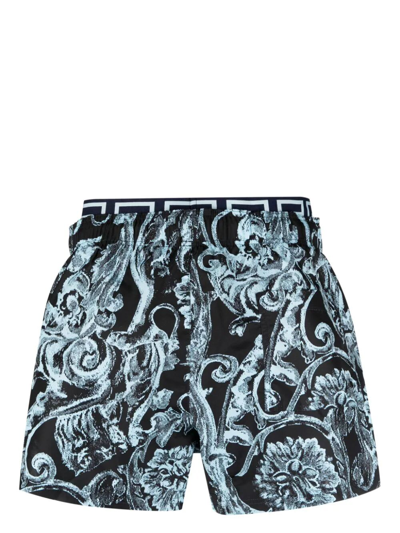 Shop Versace Swim Shorts Nylon Golfo Barocco Menta In Navy Pale Blue