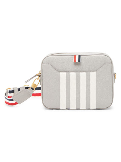 Shop Thom Browne Men's 4-bar Stripe Leather Camera Bag In Light Grey