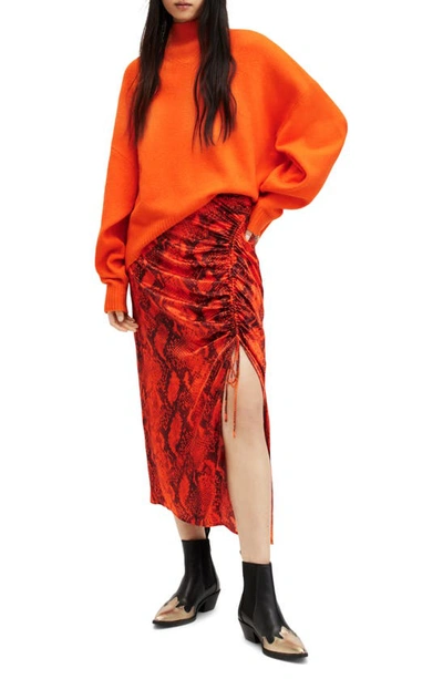 Shop Allsaints Carla Tahoe Snake Print Ruched Satin Midi Skirt In Zesty Orange
