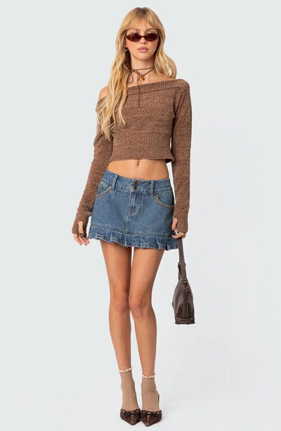 Edikted Farrah Off The Shoulder Crop Sweater In Brown