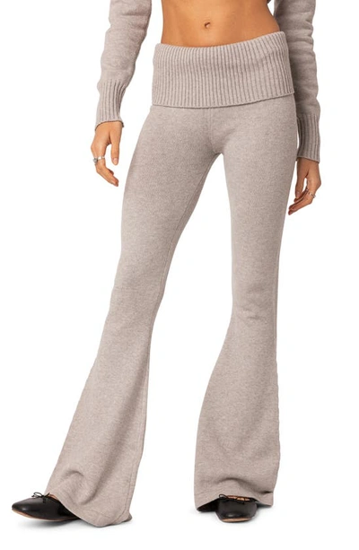 Shop Edikted Desiree Foldover Flare Knit Pants In Gray-melange