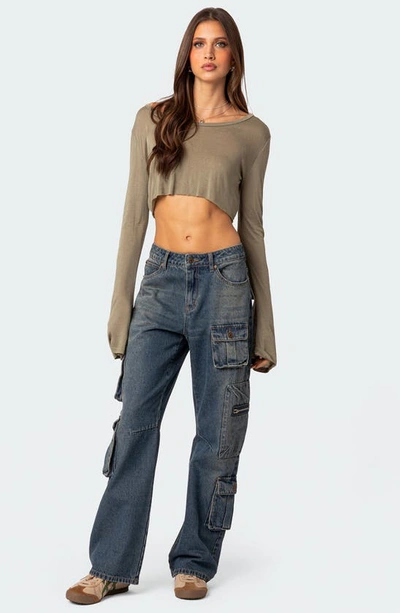 Edikted Sheer Raw Hem Crop Top In Olive