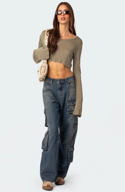 Edikted Sheer Raw Hem Crop Top In Olive