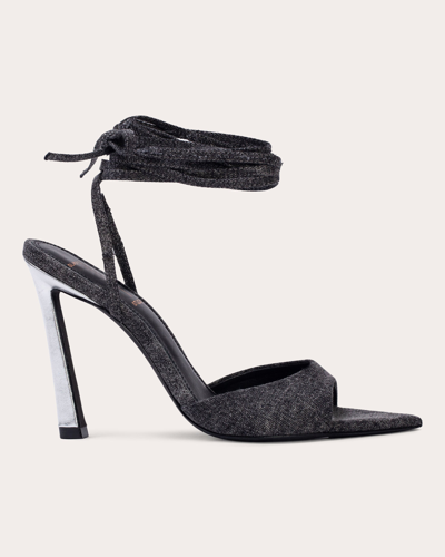 Shop Black Suede Studio Women's Terina Strappy Sandal In Black Washed Denim / Silver Metallic Leather Heel