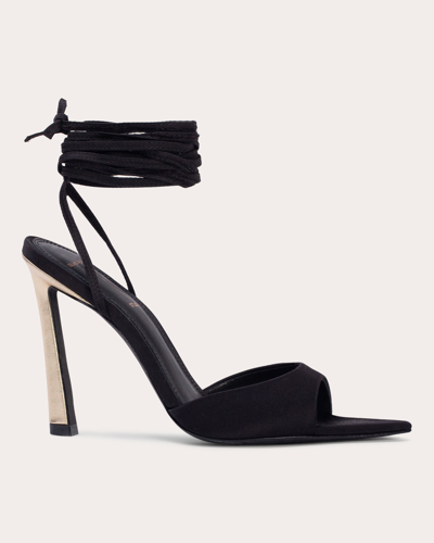 Shop Black Suede Studio Women's Terina Strappy Sandal In Black Satin / Gold Metallic Leather Heel