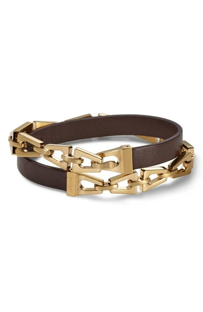 Shop Bulova Stainless Steel & Leather Wrap Bracelet In Gold/ Brown