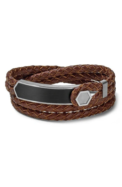 Shop Bulova Braided Leather & Stainless Steel Wrap Bracelet In Brown