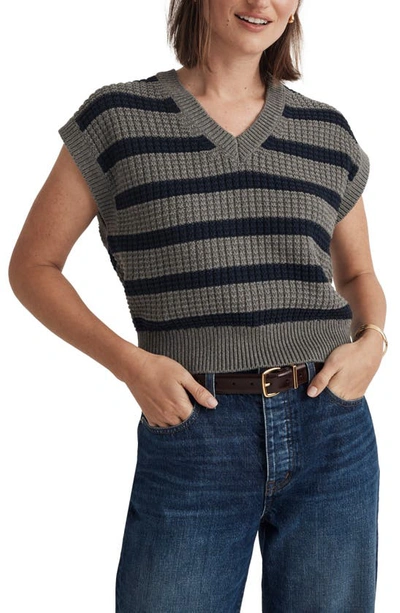 Shop Madewell Stripe Waffle Knit Sweater Vest In Grey/ Deep Indigo