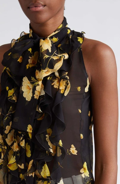 Shop Giambattista Valli Floral Tie Neck Sleeveless Silk Top In Black/ Yellow