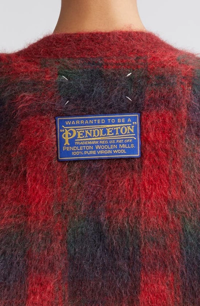 Shop Maison Margiela X Pendleton Plaid Mohair & Wool Blend V-neck Cardigan In Red/ Dark Green/ Bordeaux