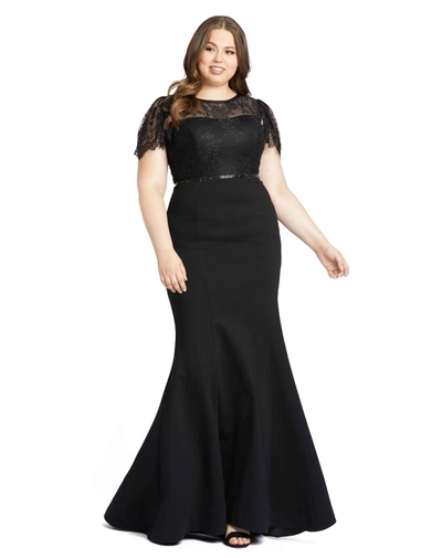 Shop Mac Lace Illusion High Neck Cap Sleeve Gown In Black